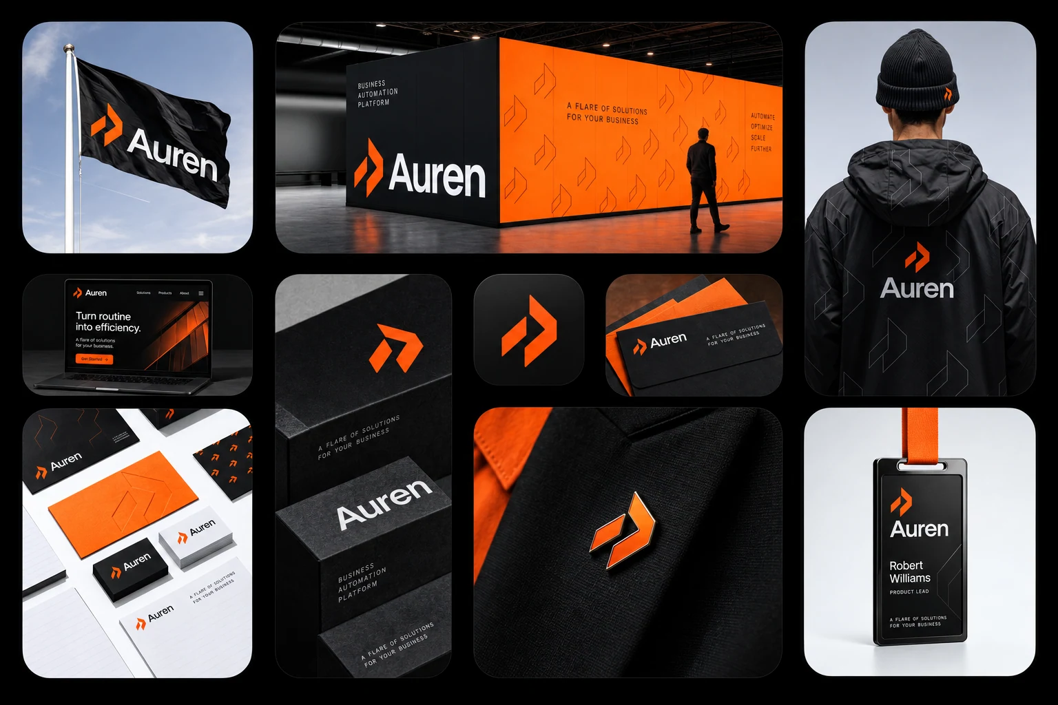 A montage of Auren brand applications including a flag, exhibition wall, clothing, website, stationery, packaging and badge.