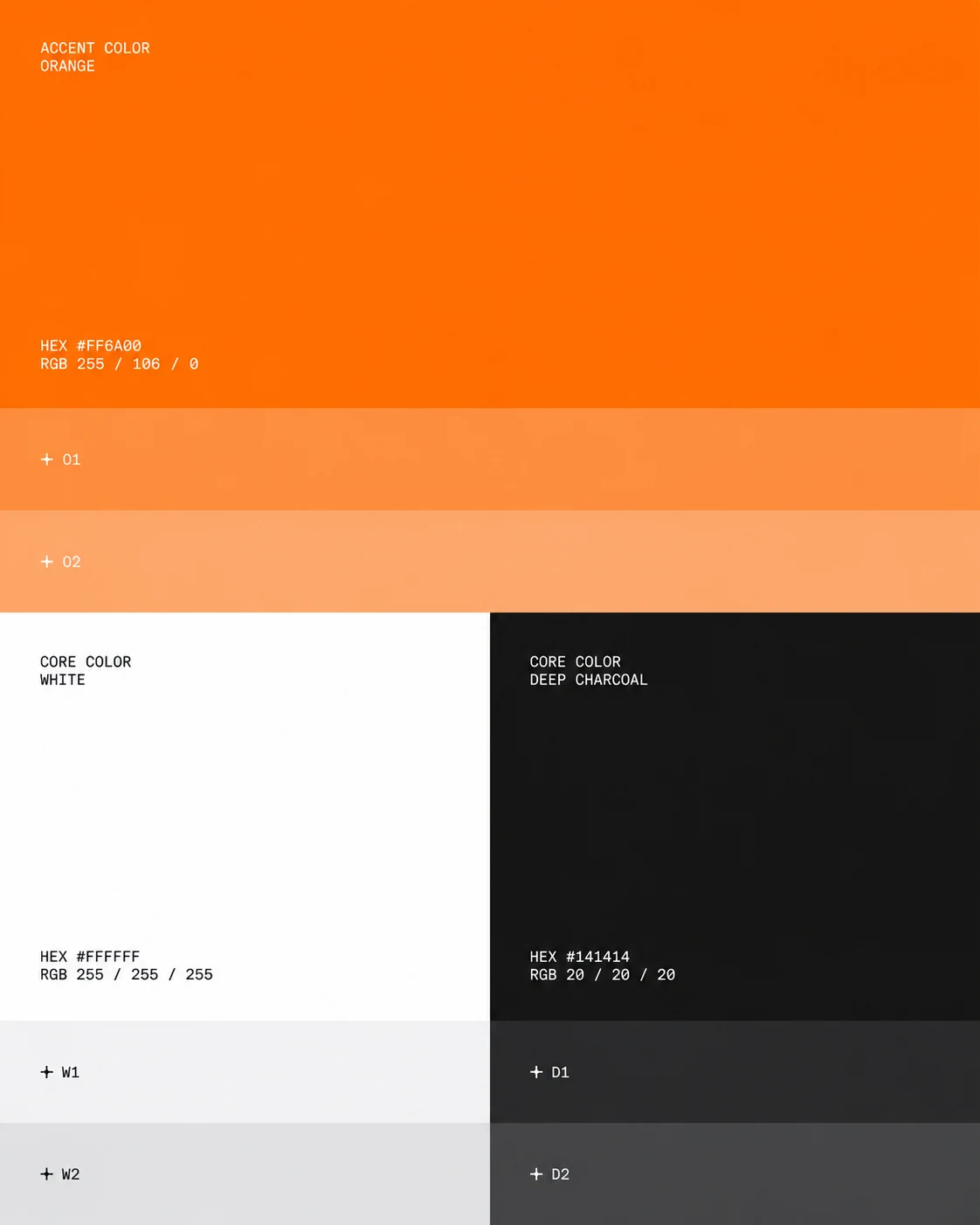 Auren colour system showing orange FF6A00, white FFFFFF and deep charcoal 141414, with supporting tints.