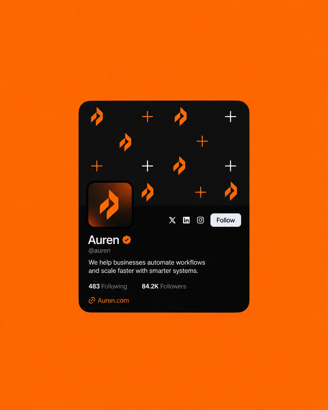 An Auren social profile mockup with a black patterned cover and orange symbol against an orange background.