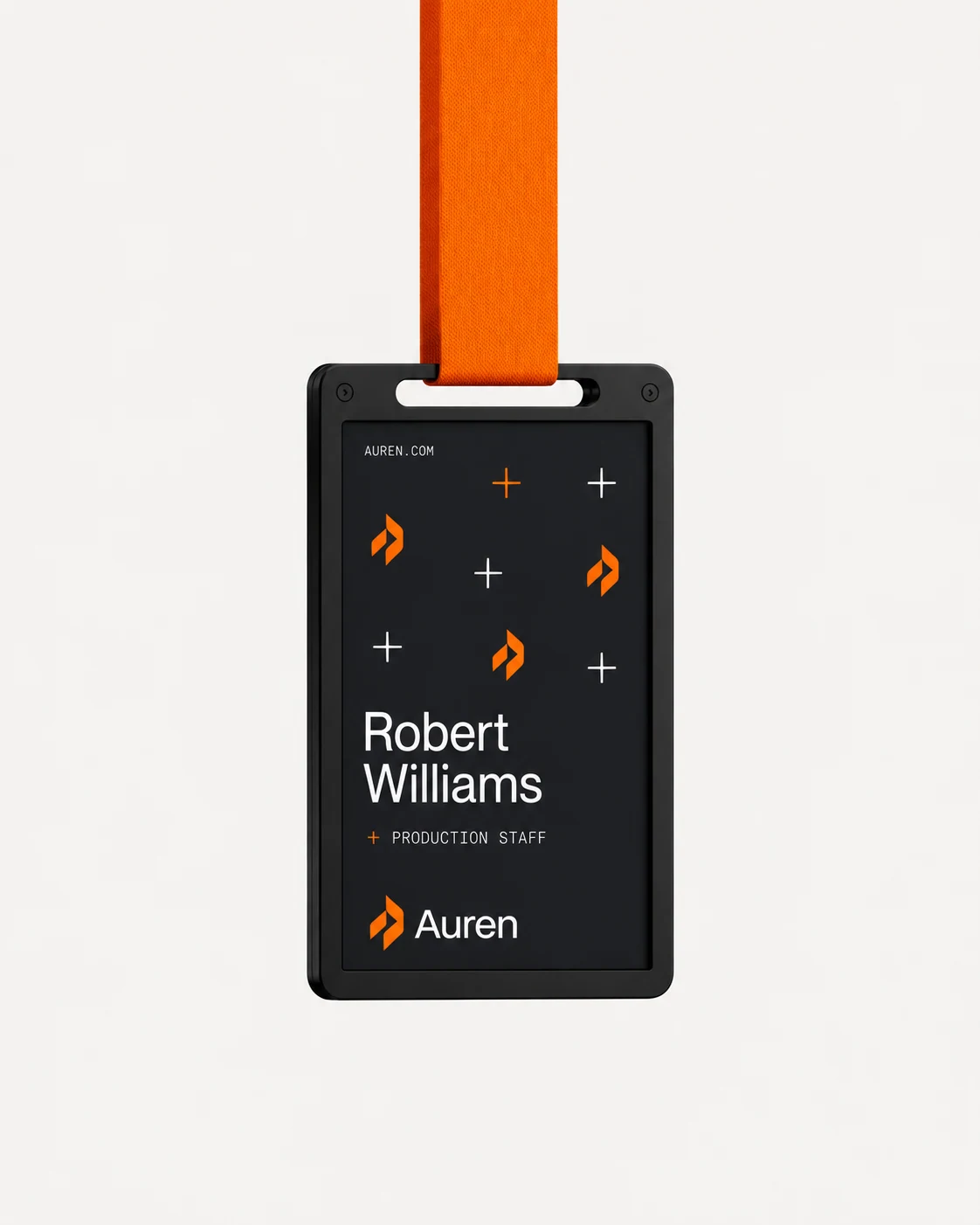 A black Auren staff badge with an orange lanyard and a repeating orange and white brand pattern.