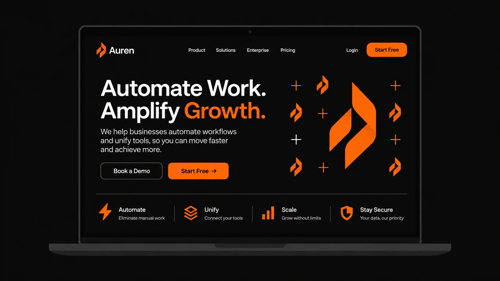 A laptop displaying an Auren website mockup with a black and orange identity and the headline Automate Work, Amplify Growth.